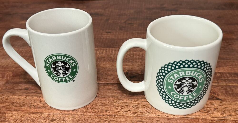 Two Starbucks White with Classic Mermaid 2006-2008 Coffee Cup Mugs 10oz & 12oz